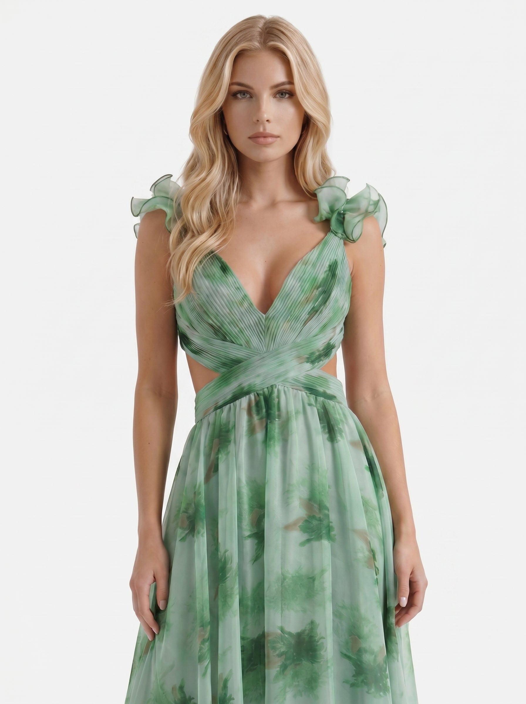 Women green floral plunge cutout tiered chiffon maxi gown, front cropped view
