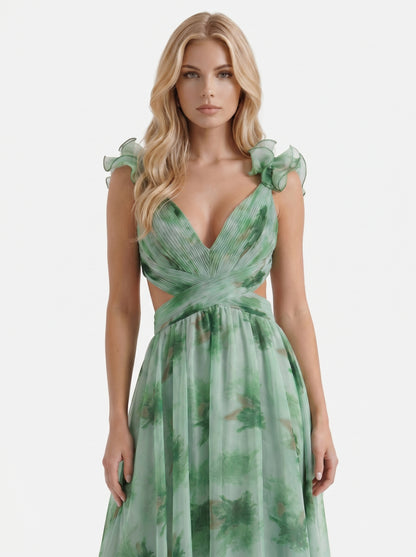 Women green floral plunge cutout tiered chiffon maxi gown, front cropped view