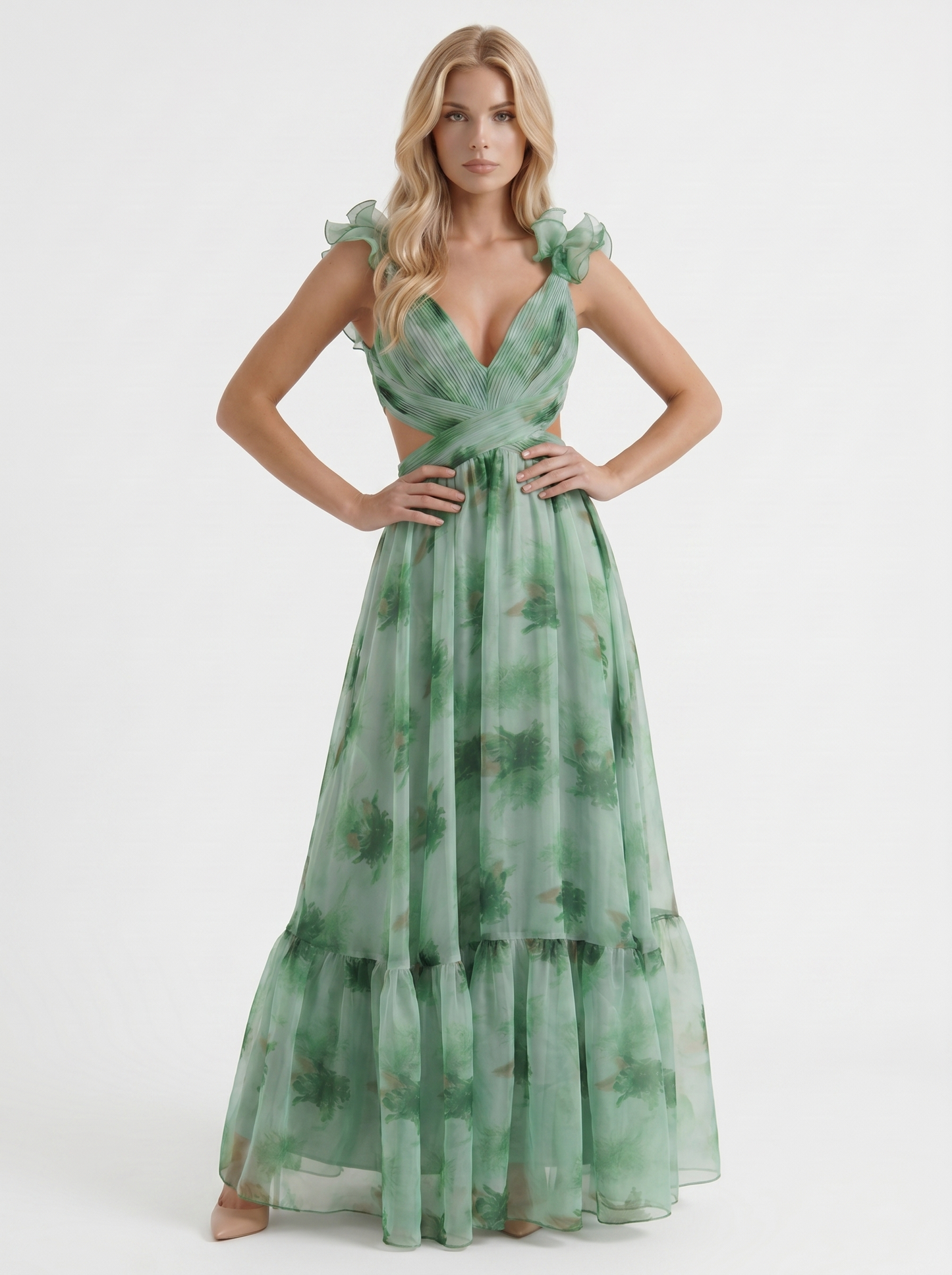 Women green floral plunge cutout tiered chiffon maxi gown, 45 angle view