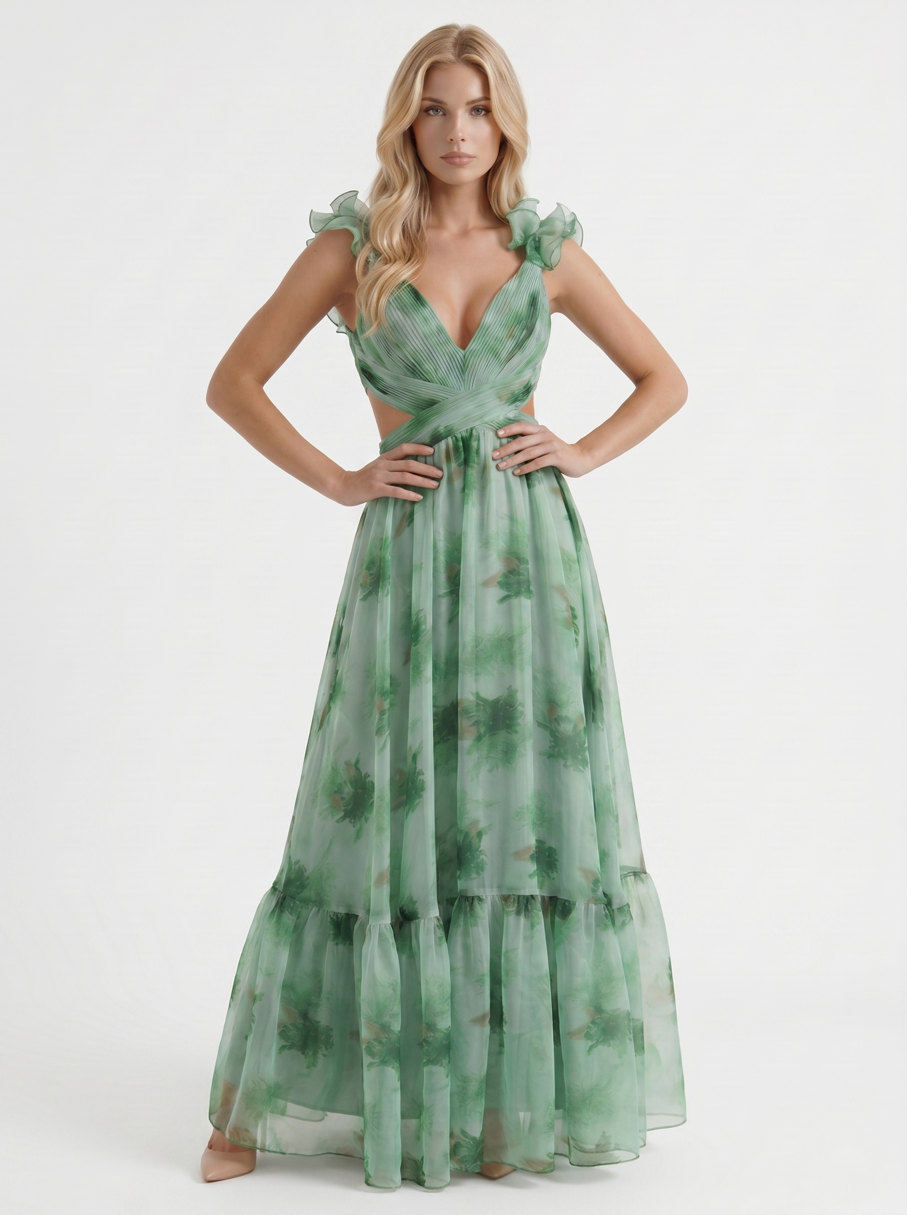 Women green floral plunge cutout tiered chiffon maxi gown, 45 angle view