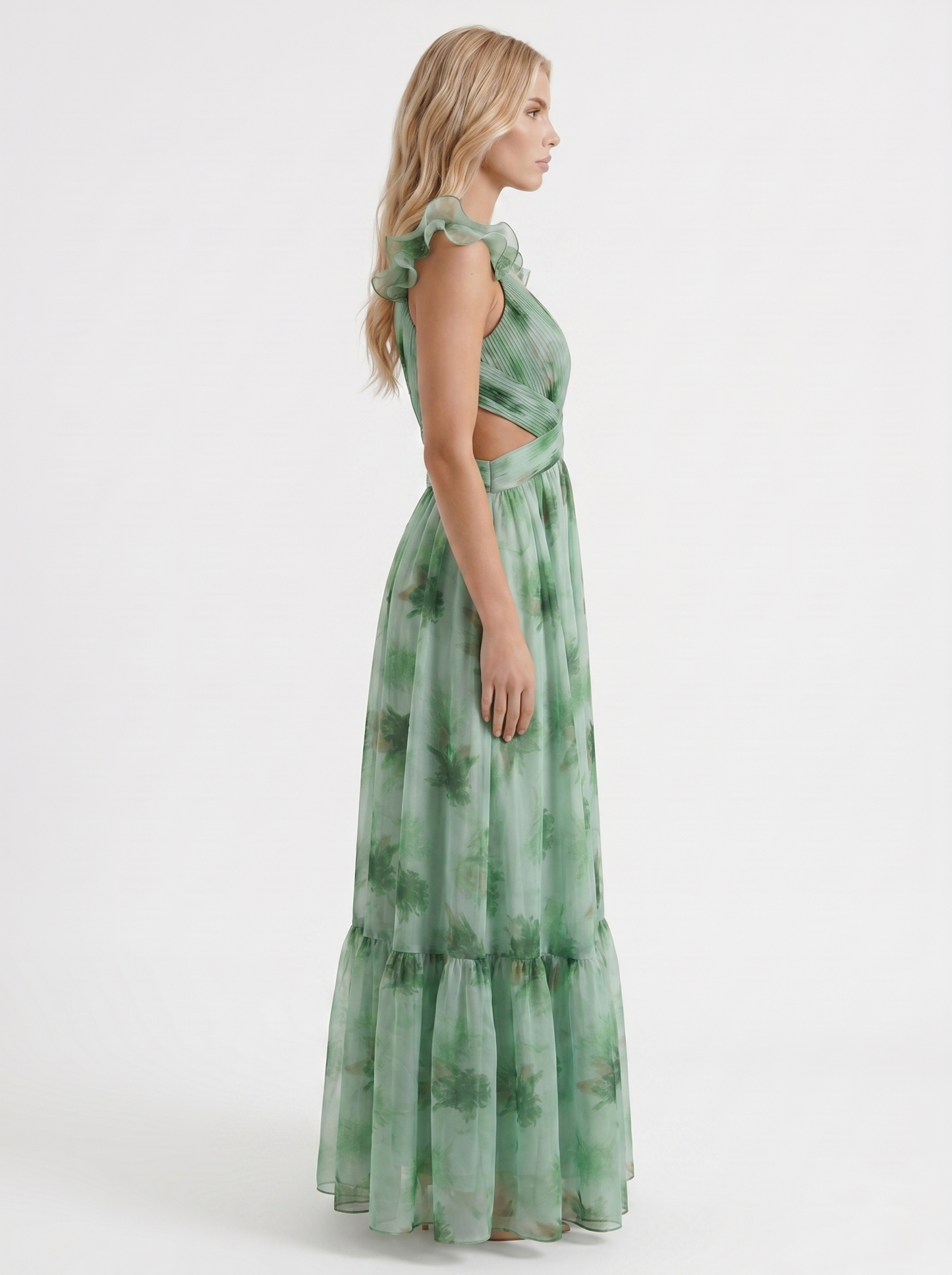 Women green floral plunge cutout tiered chiffon maxi gown, side profile view