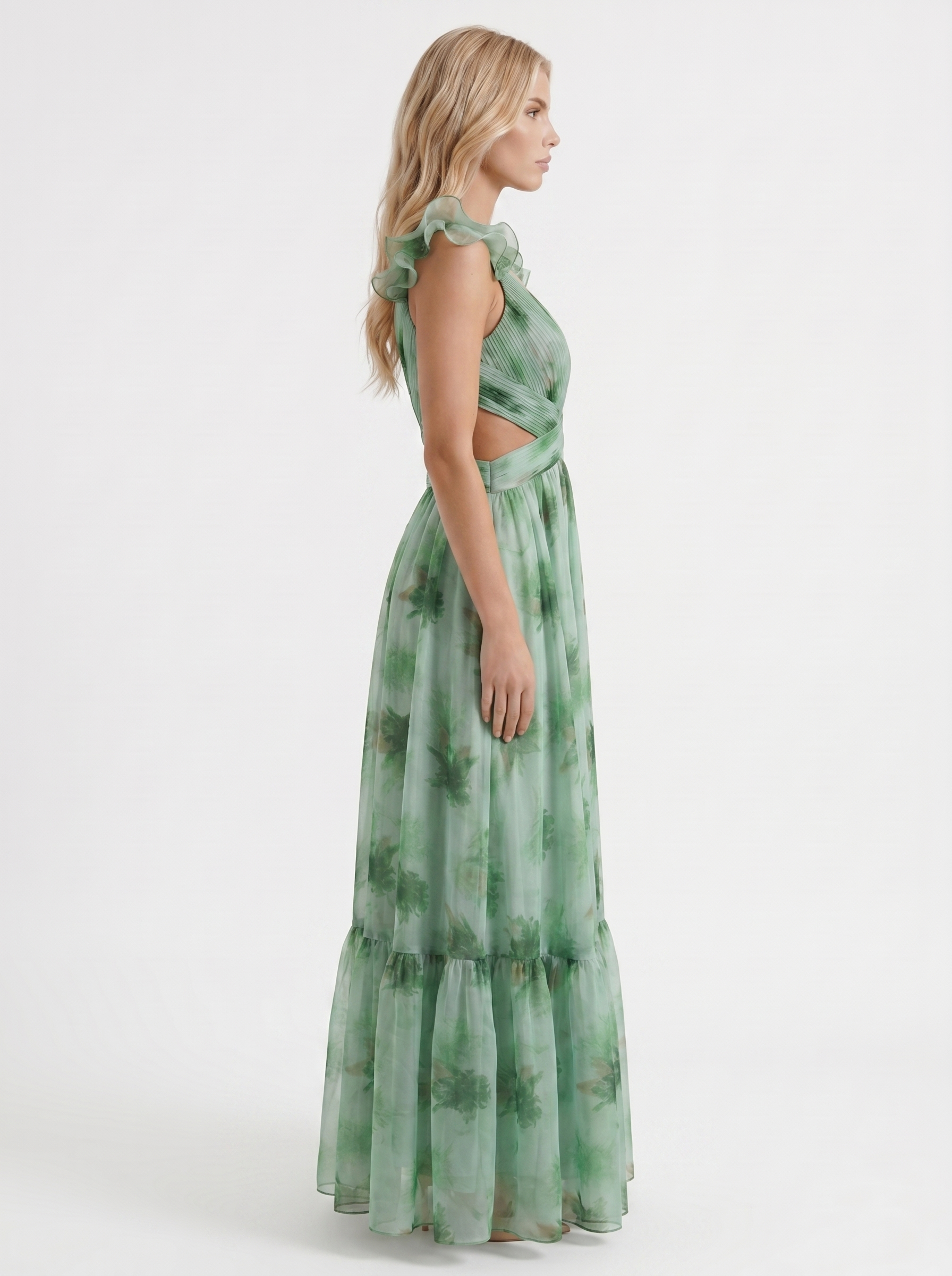 Women green floral plunge cutout tiered chiffon maxi gown, side profile view