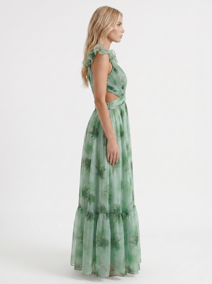Women green floral plunge cutout tiered chiffon maxi gown, side profile view