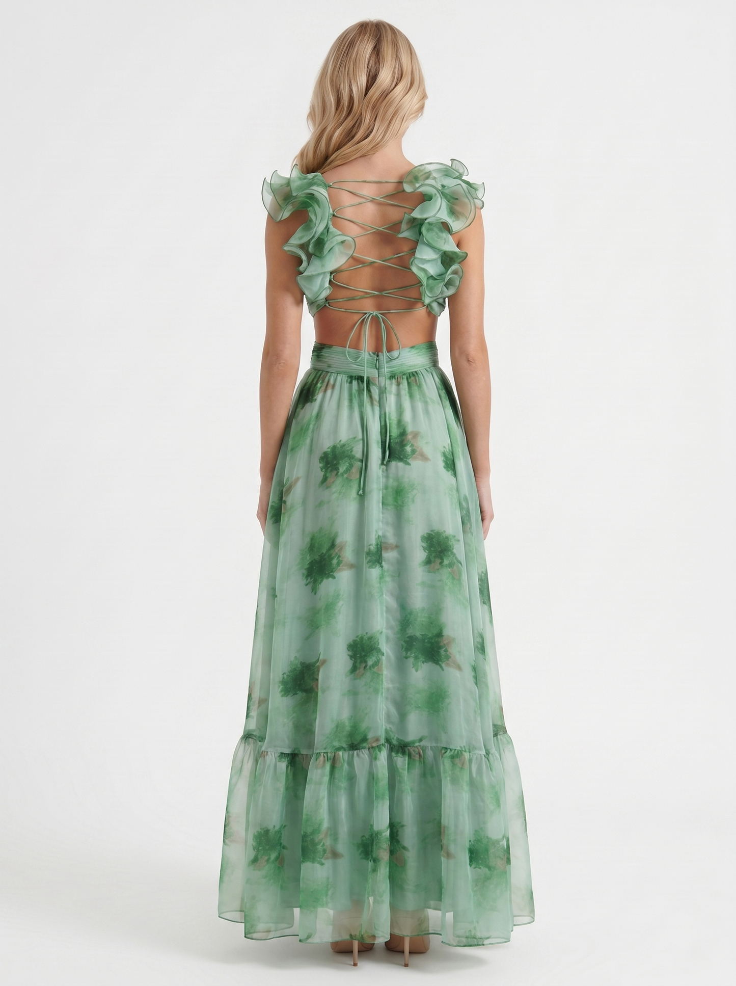 Women green floral plunge cutout tiered chiffon maxi gown, back view
