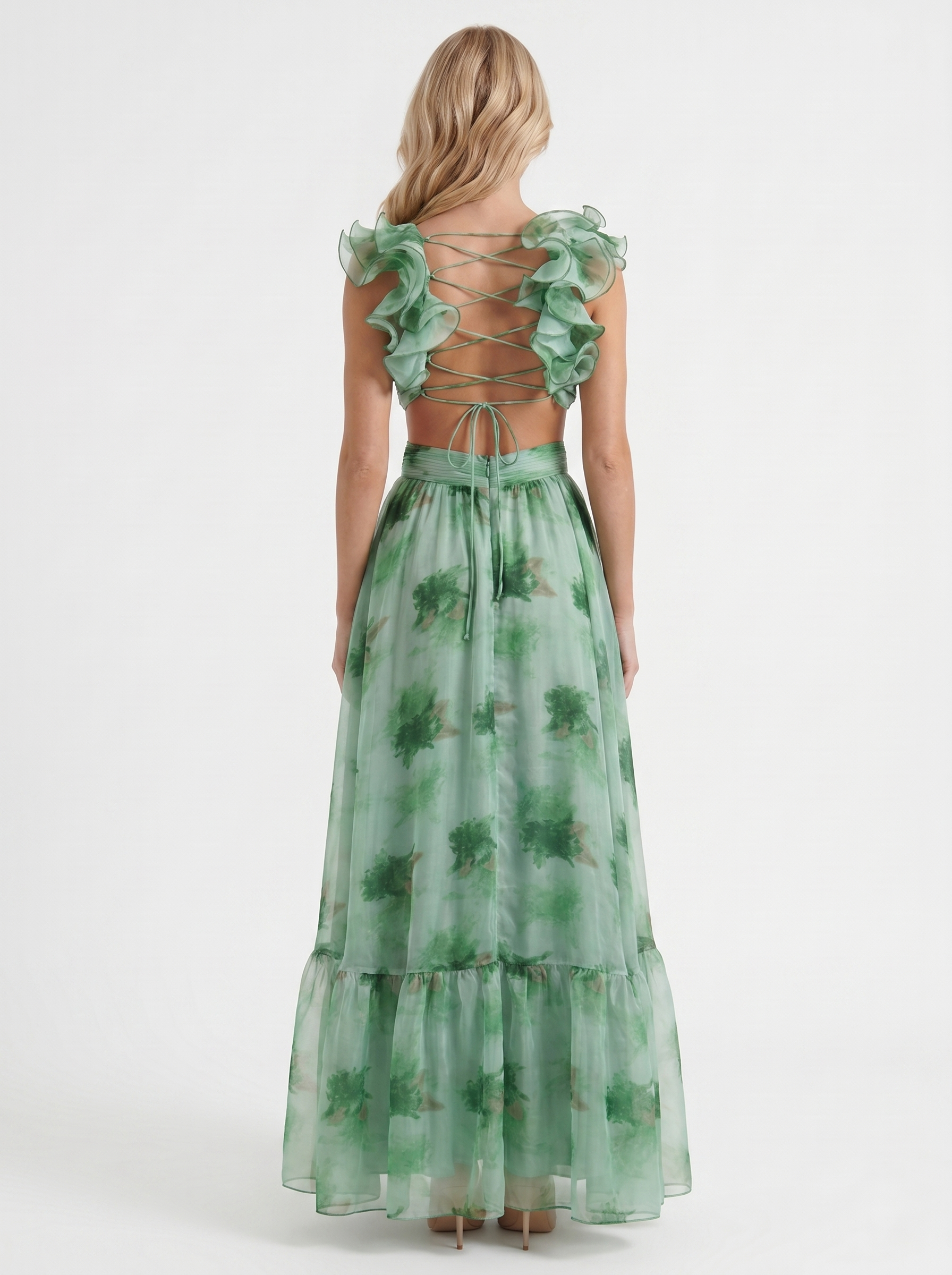 Women green floral plunge cutout tiered chiffon maxi gown, back view