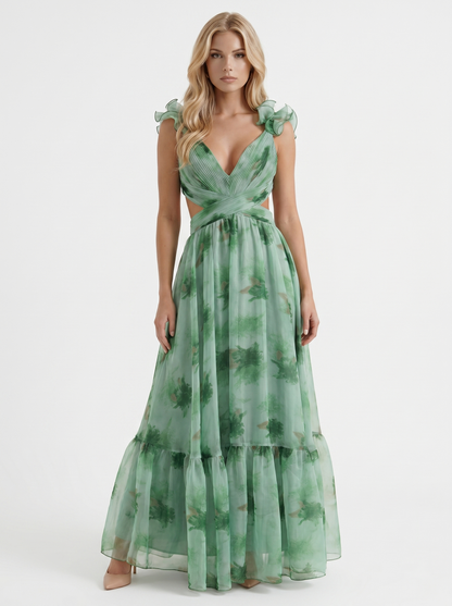 Women green floral plunge cutout tiered chiffon maxi gown, front view