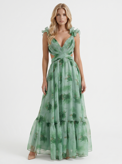 Women green floral plunge cutout tiered chiffon maxi gown, front view