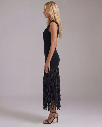 Stella Fringe Midi Dress - Black