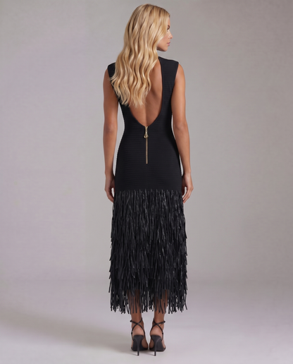 Stella Fringe Midi Dress - Black