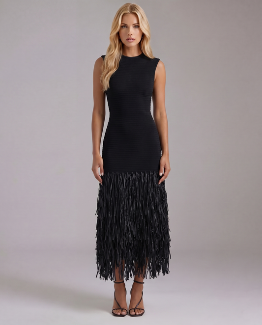Women black sleeveless fringe dress front view with crew neckline and textured body quality