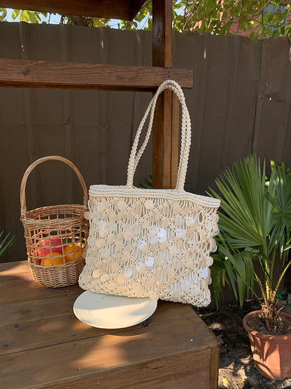 Women ivory tote bag with sequin finish and woven body