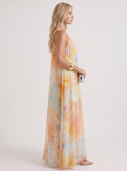 Women orange maxi dress with halter neckline and chiffon fabric