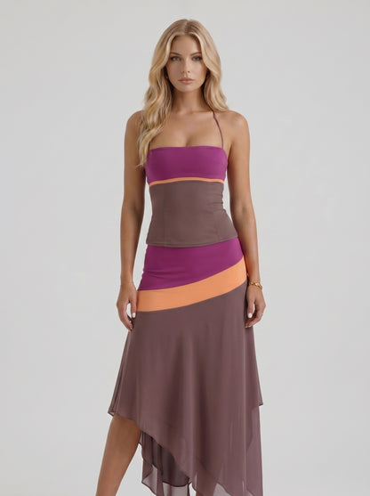 Women mauve & orange color block bandeau asymmetric midi skirt set, front cropped view