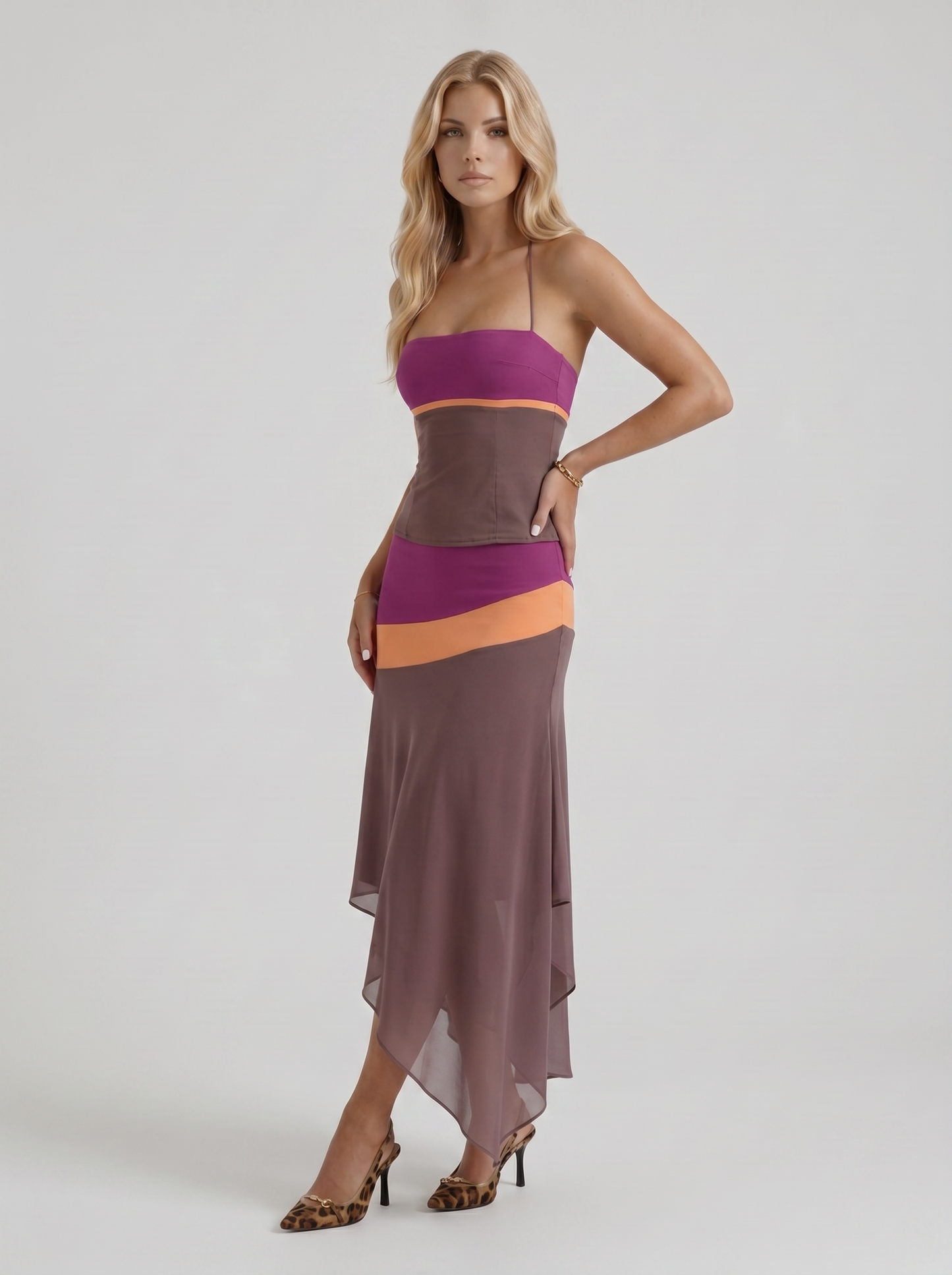 Women mauve & orange color block bandeau asymmetric midi skirt set, 45 angle view