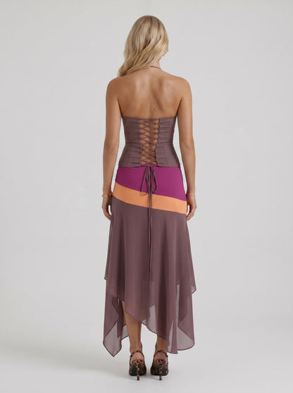 Women mauve & orange color block bandeau asymmetric midi skirt set, back view