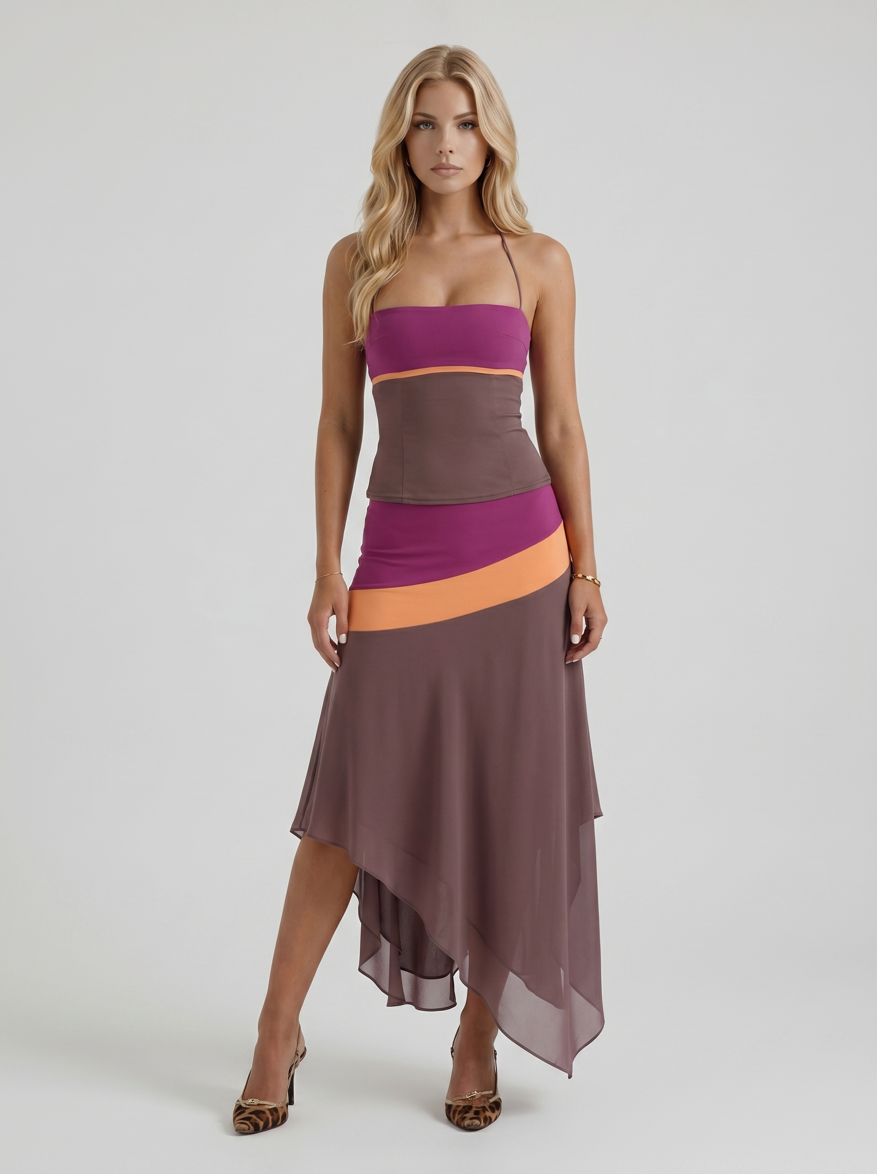 Women mauve & orange color block bandeau asymmetric midi skirt set, front view