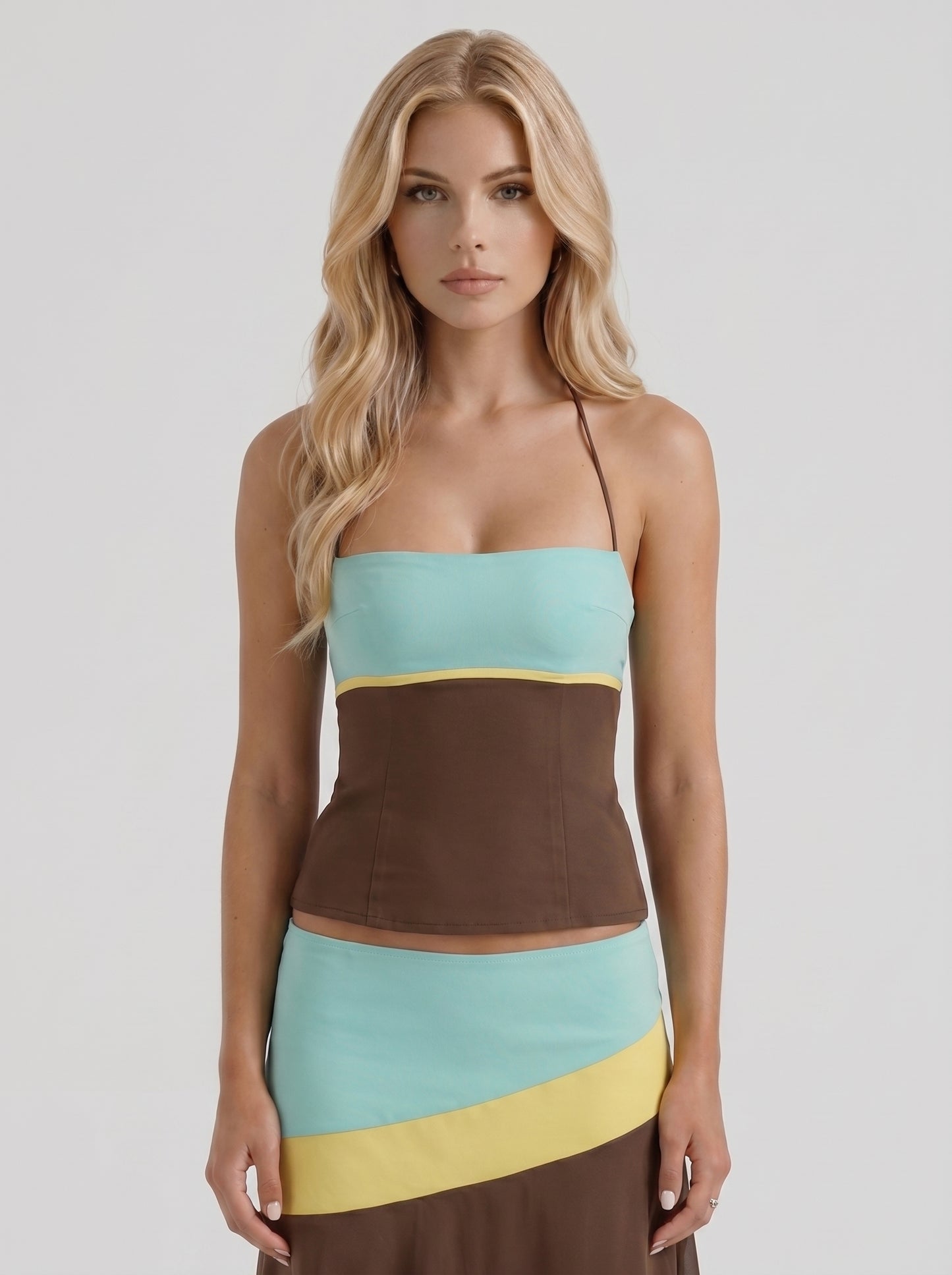 Women mocha & magenta color block bandeau asymmetric midi skirt set, front cropped view
