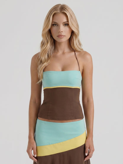 Women mocha & magenta color block bandeau asymmetric midi skirt set, front cropped view