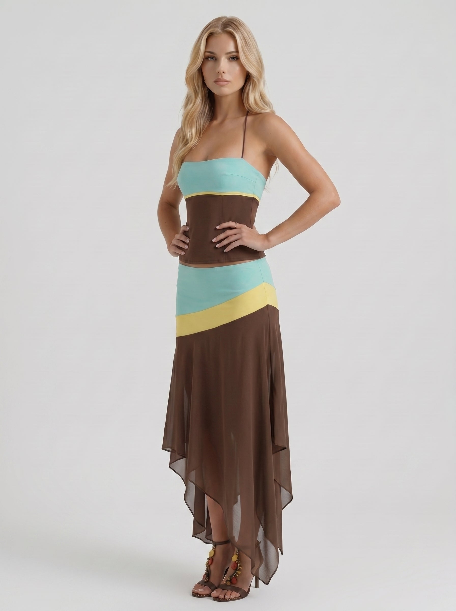Women mocha & magenta color block bandeau asymmetric midi skirt set, 45 angle view