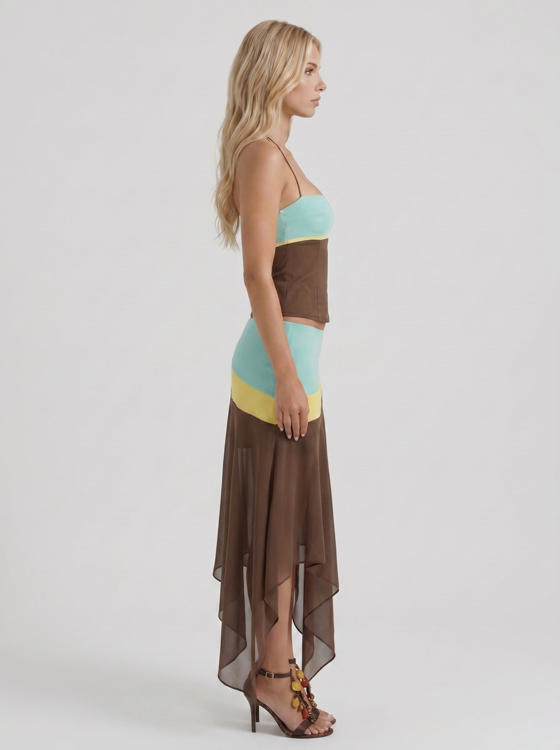 Women mocha & magenta color block bandeau asymmetric midi skirt set, side profile view