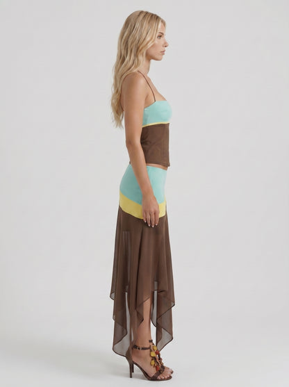 Women mocha & magenta color block bandeau asymmetric midi skirt set, side profile view