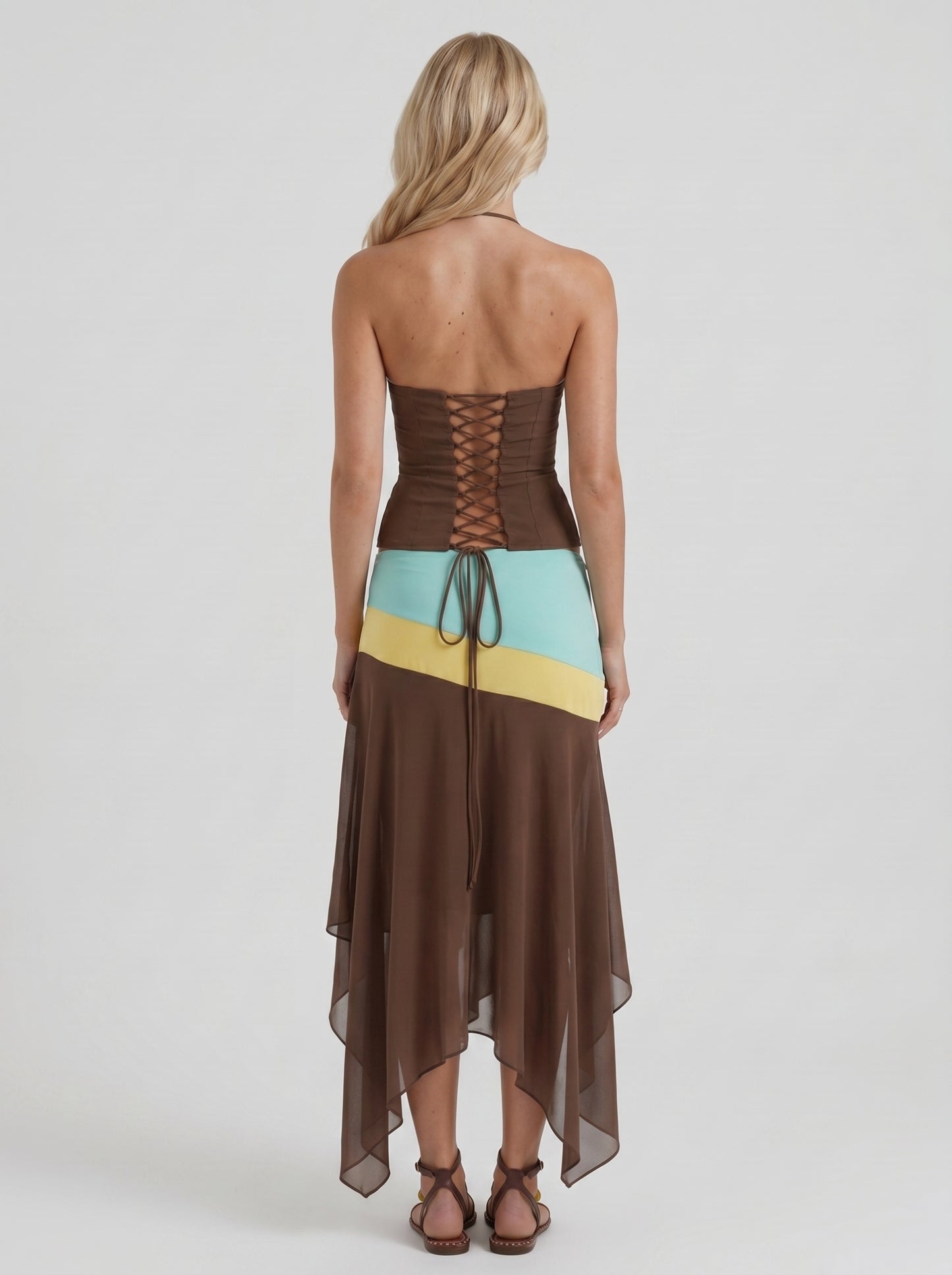 Women mocha & magenta color block bandeau asymmetric midi skirt set, back view