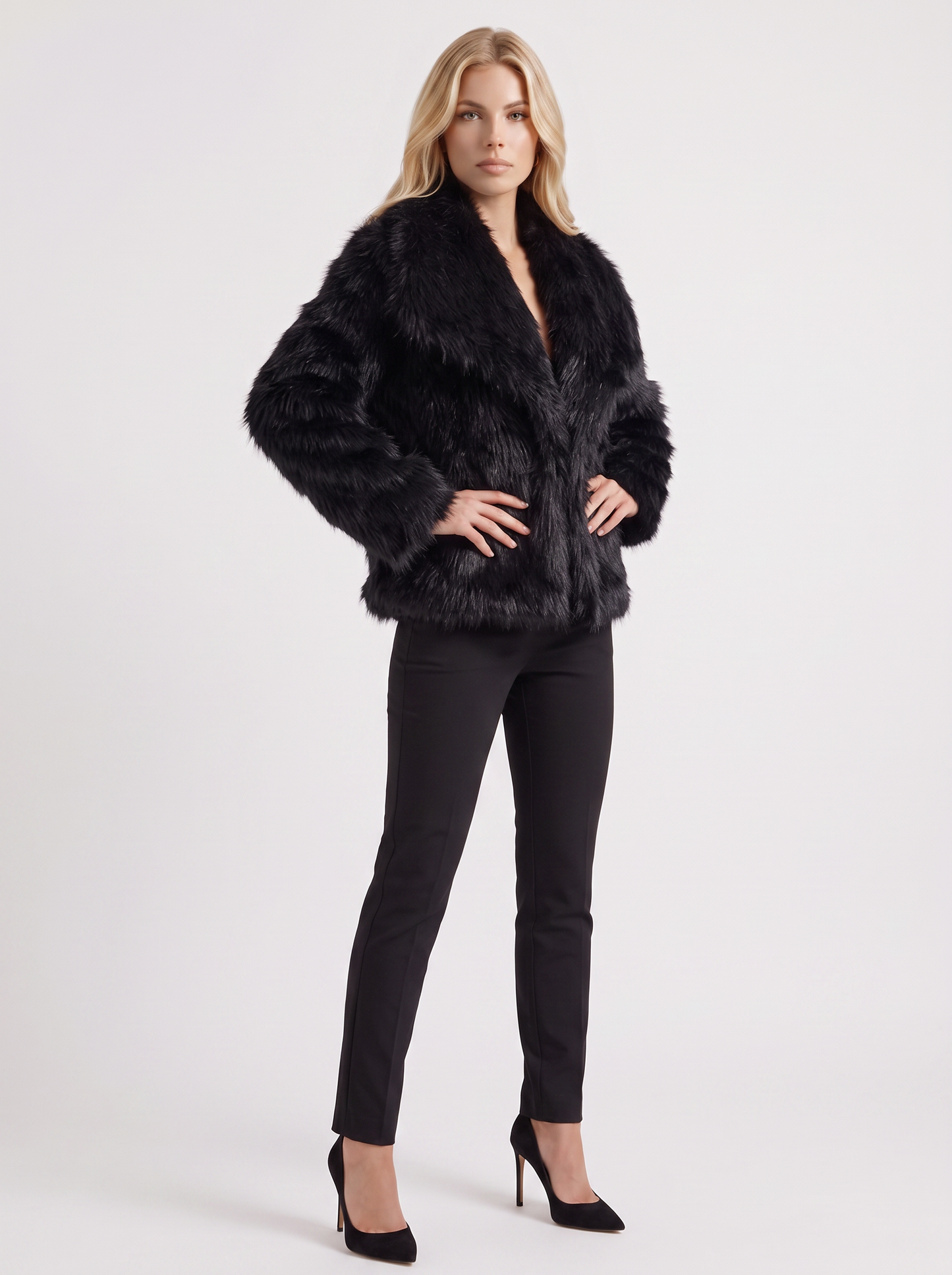 Women's black shaggy jacket with long pile texture and hip length hem