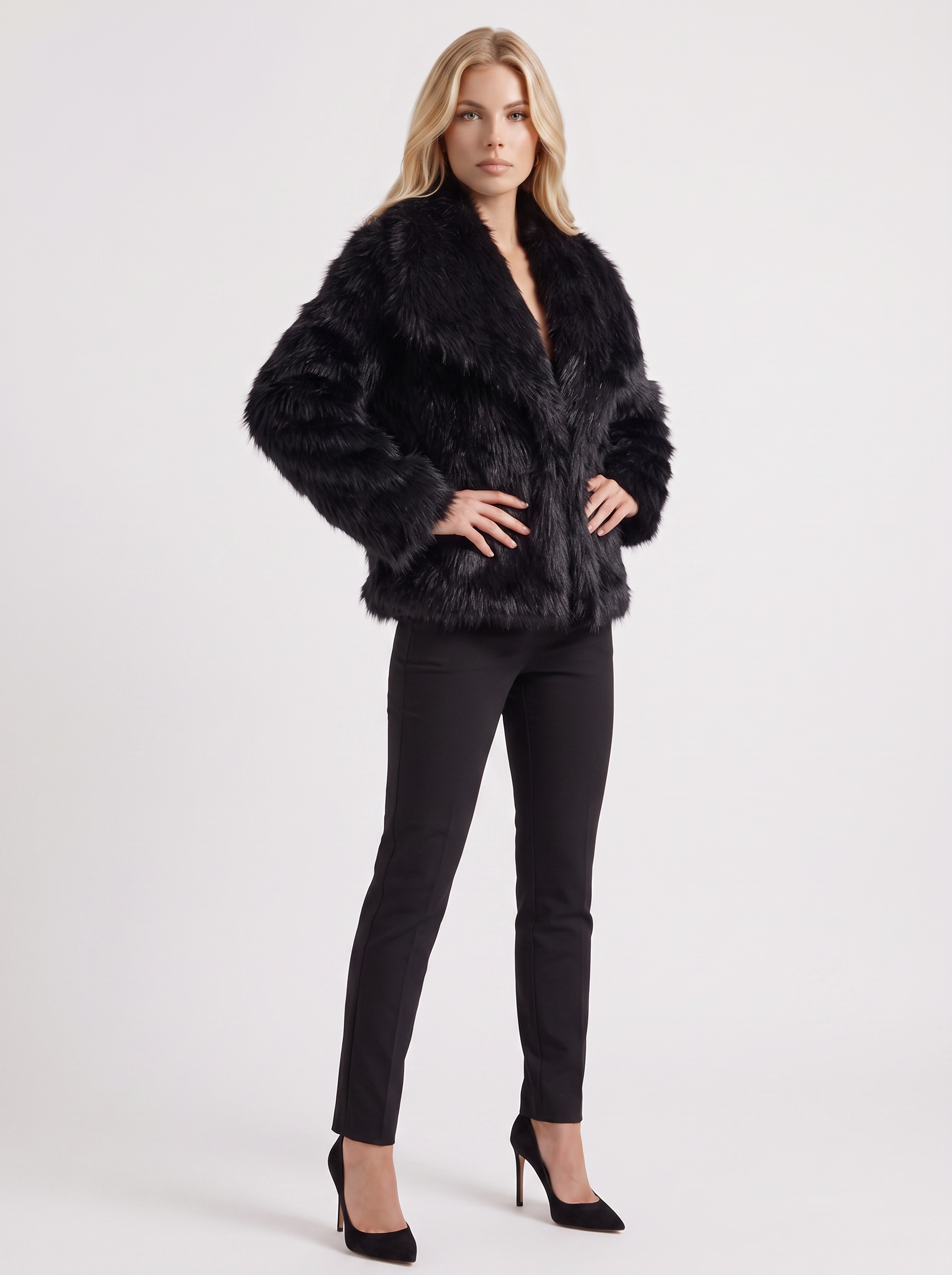 Women's black shaggy jacket with long pile texture and hip length hem