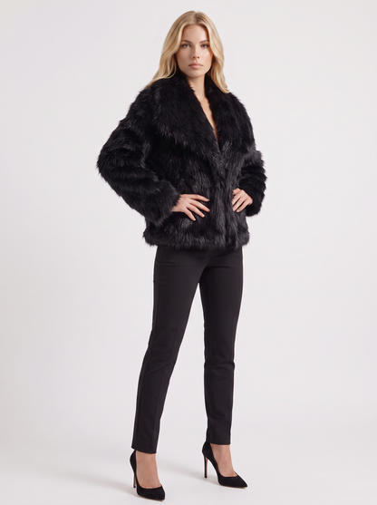 Women's black shaggy jacket with long pile texture and hip length hem