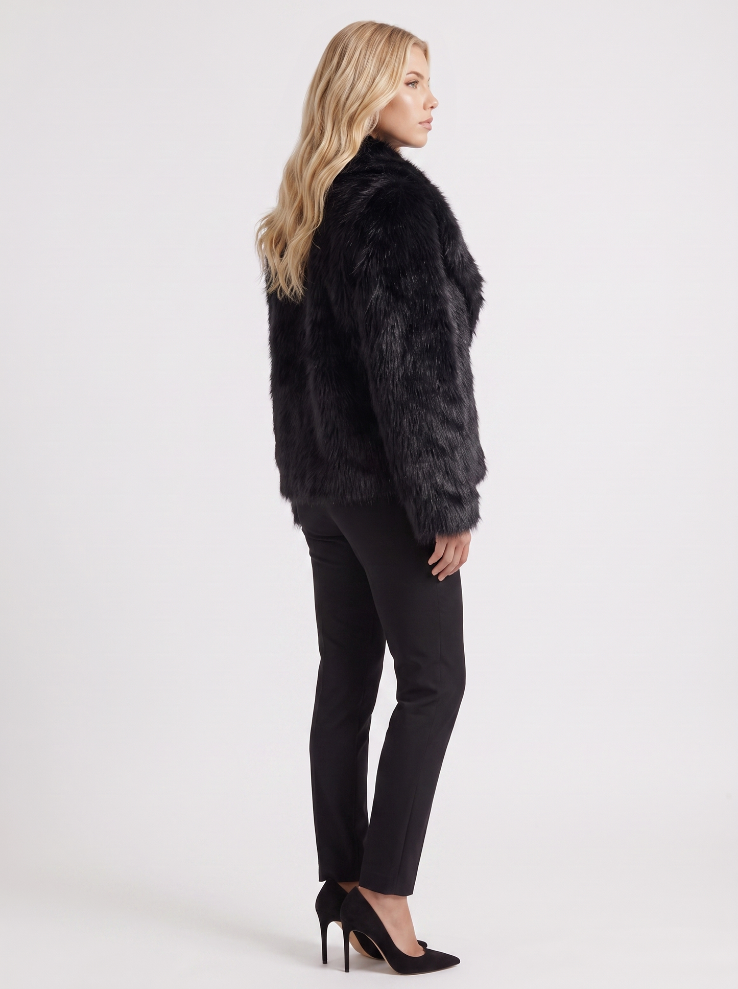 Women's black shaggy jacket with long pile texture and hip length hem