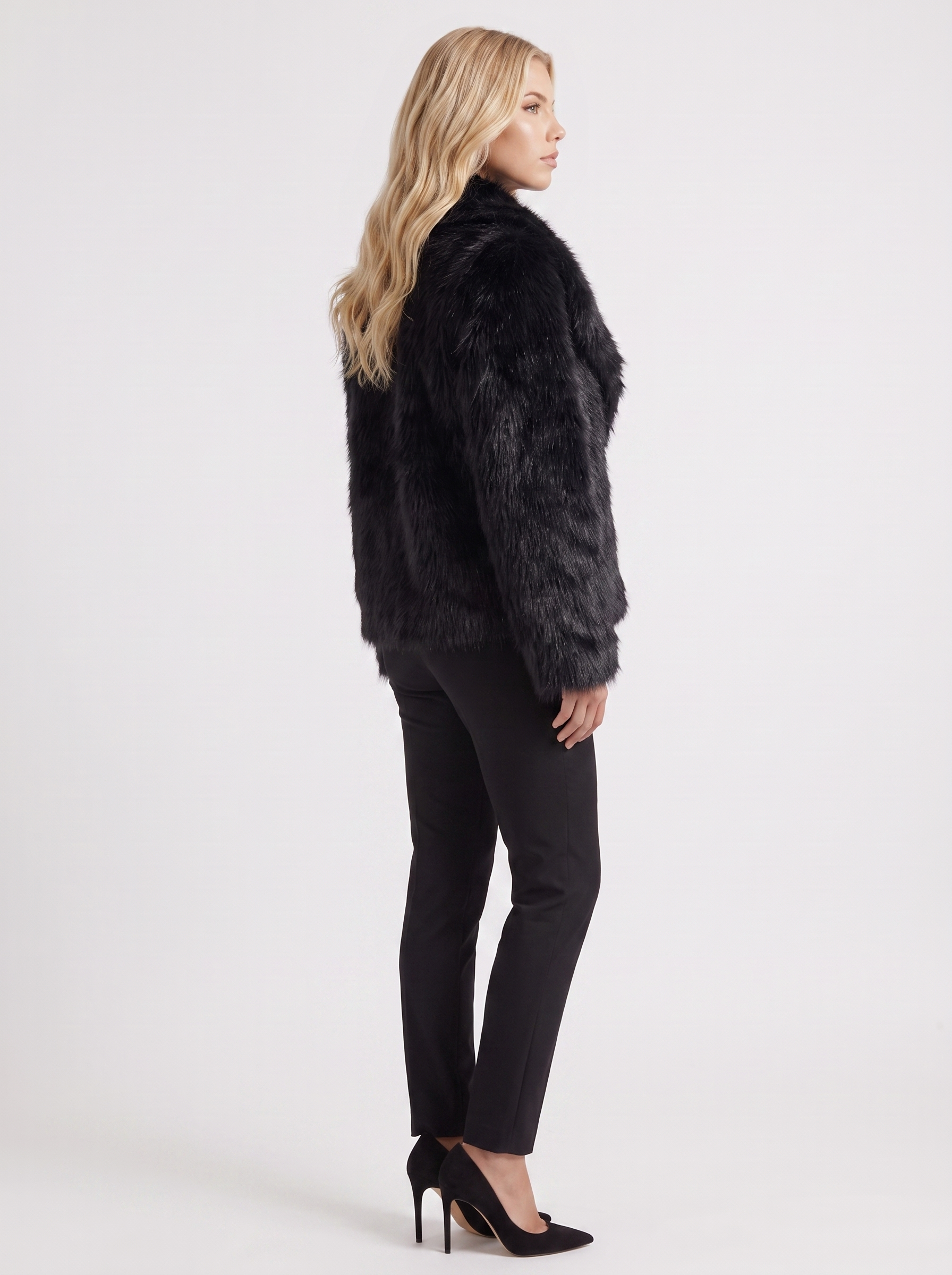 Women's black shaggy jacket with long pile texture and hip length hem
