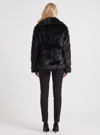 Women's black shaggy jacket with long pile texture and hip length hem