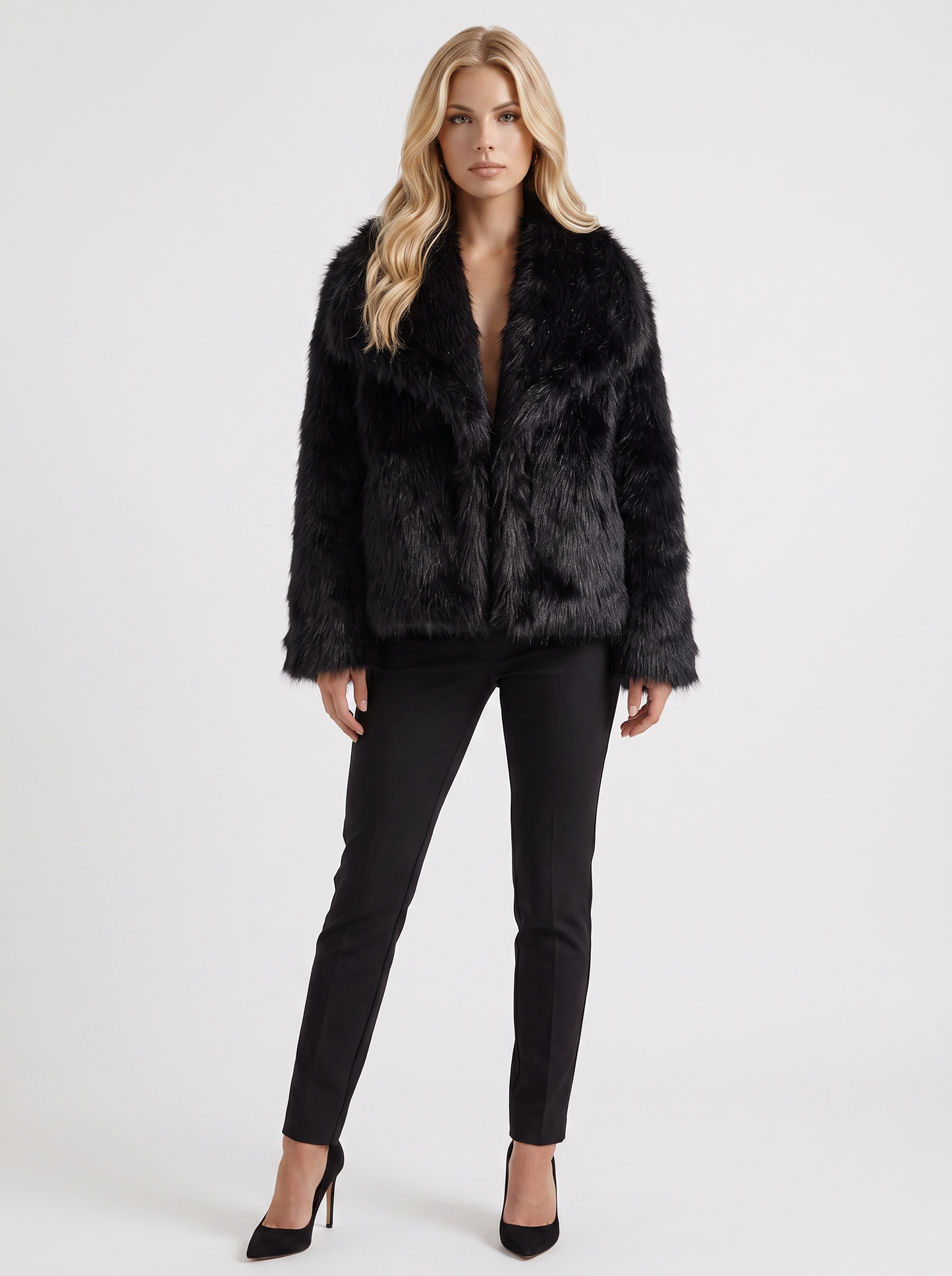 Women's black shaggy jacket with long pile texture and hip length hem