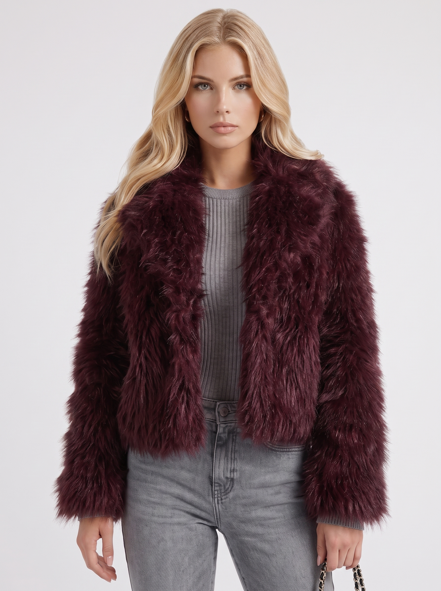 Women's brown shaggy jacket with long pile texture and hip length hem