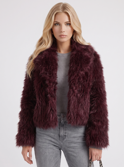 Women's brown shaggy jacket with long pile texture and hip length hem