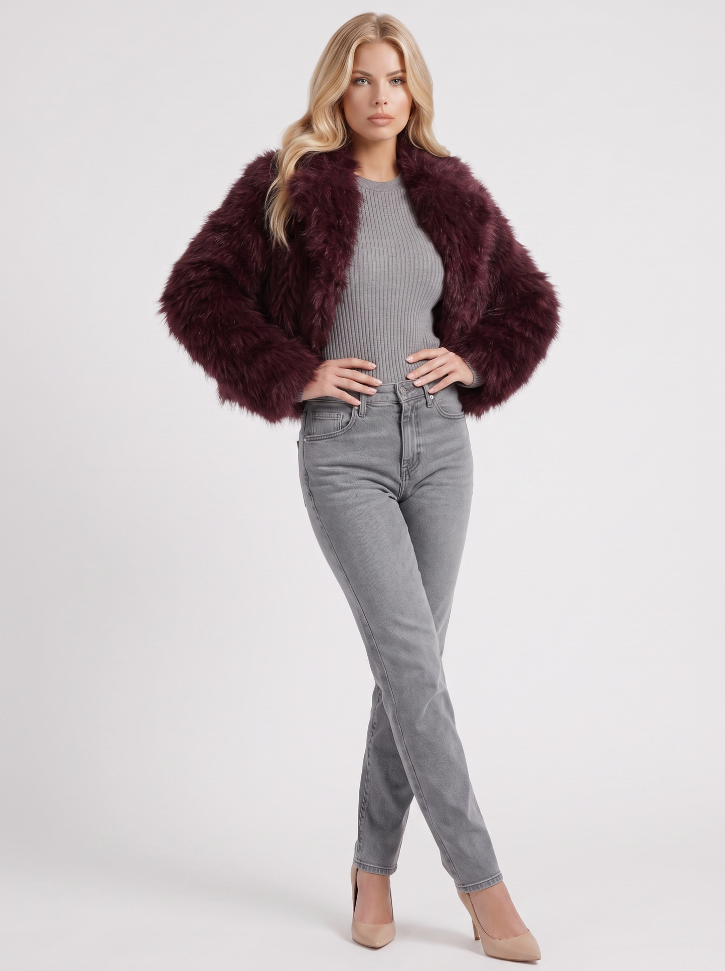 Women's brown shaggy jacket with long pile texture and hip length hem