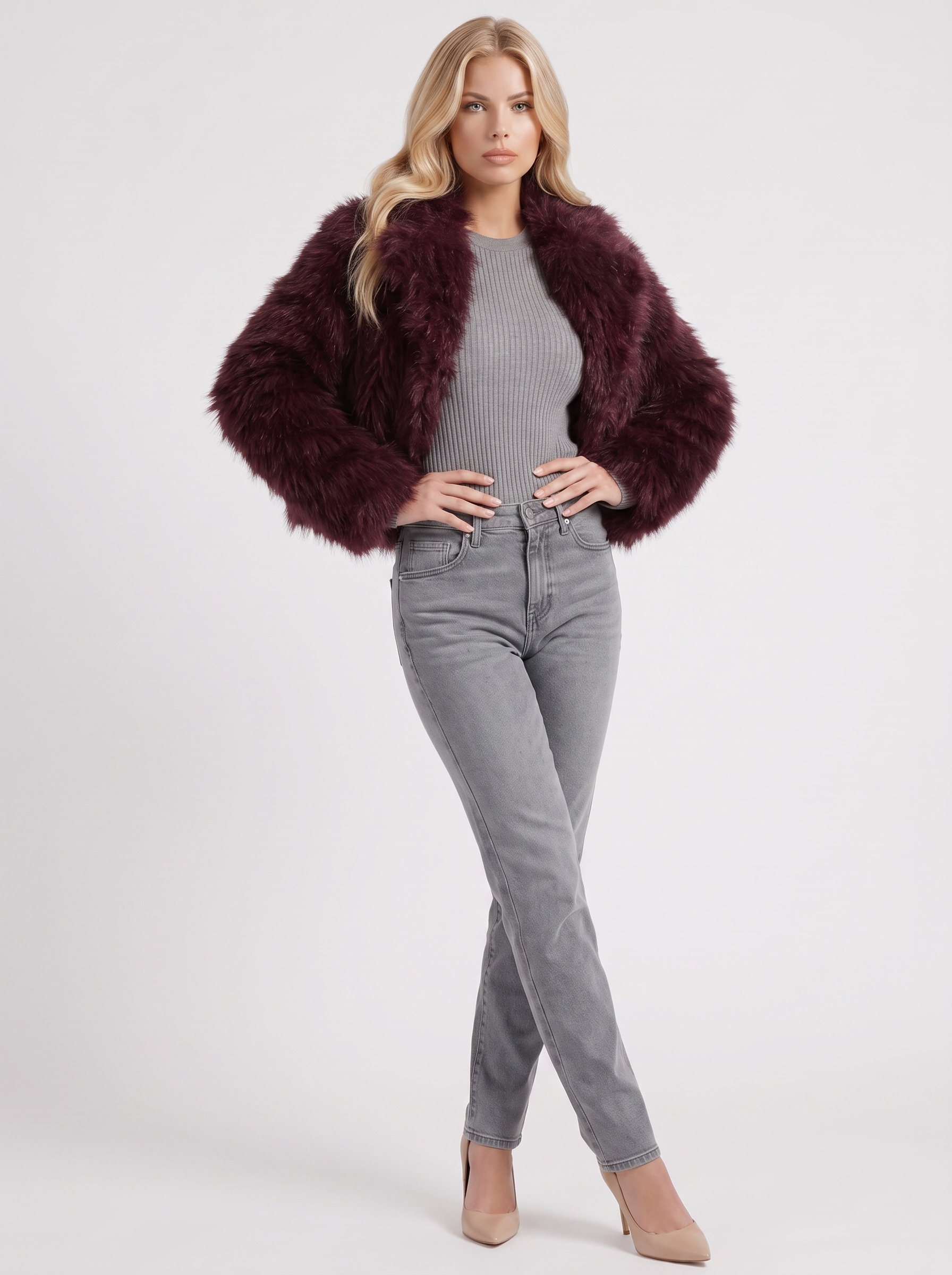 Women's brown shaggy jacket with long pile texture and hip length hem