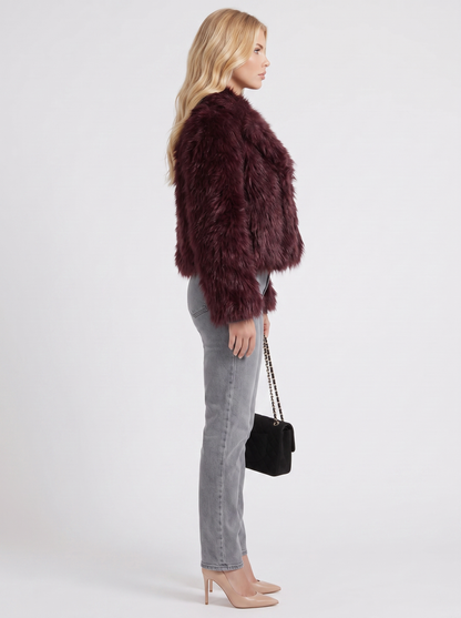 Women's brown shaggy jacket with long pile texture and hip length hem