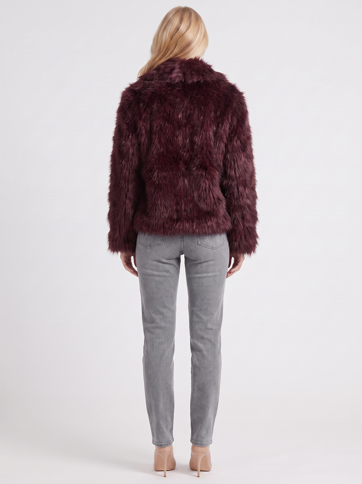 Women's brown shaggy jacket with long pile texture and hip length hem