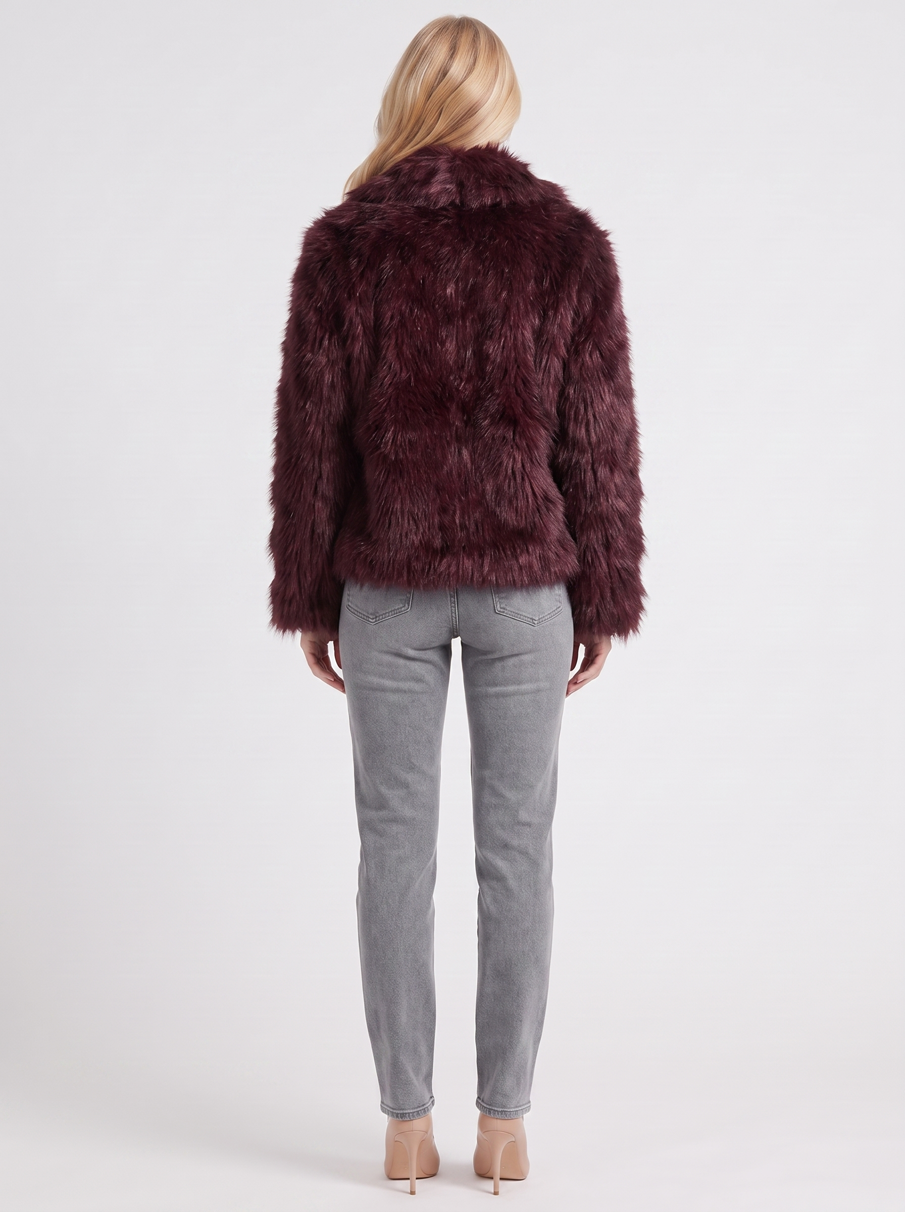 Women's brown shaggy jacket with long pile texture and hip length hem