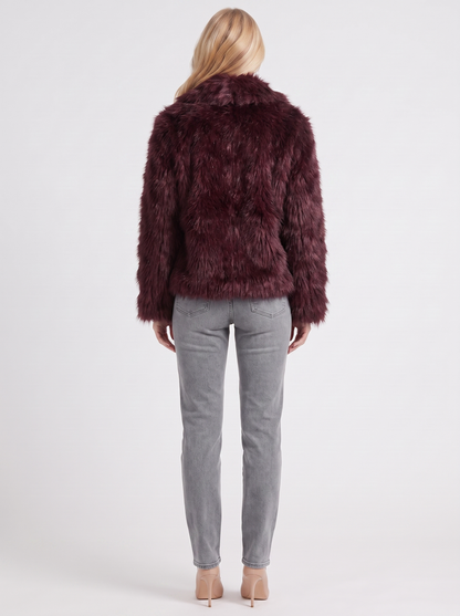 Women's brown shaggy jacket with long pile texture and hip length hem