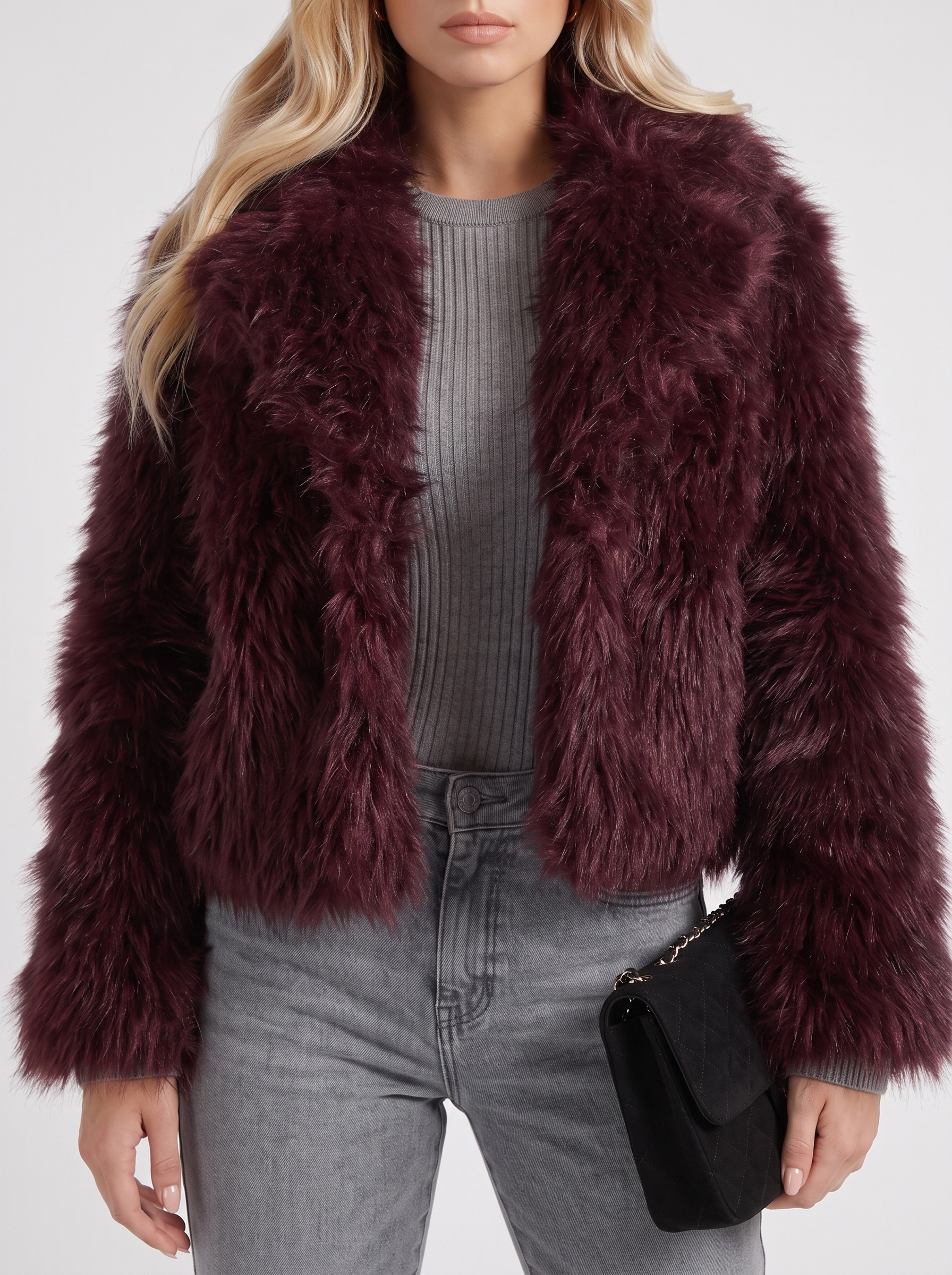 Women's brown shaggy jacket with long pile texture and hip length hem