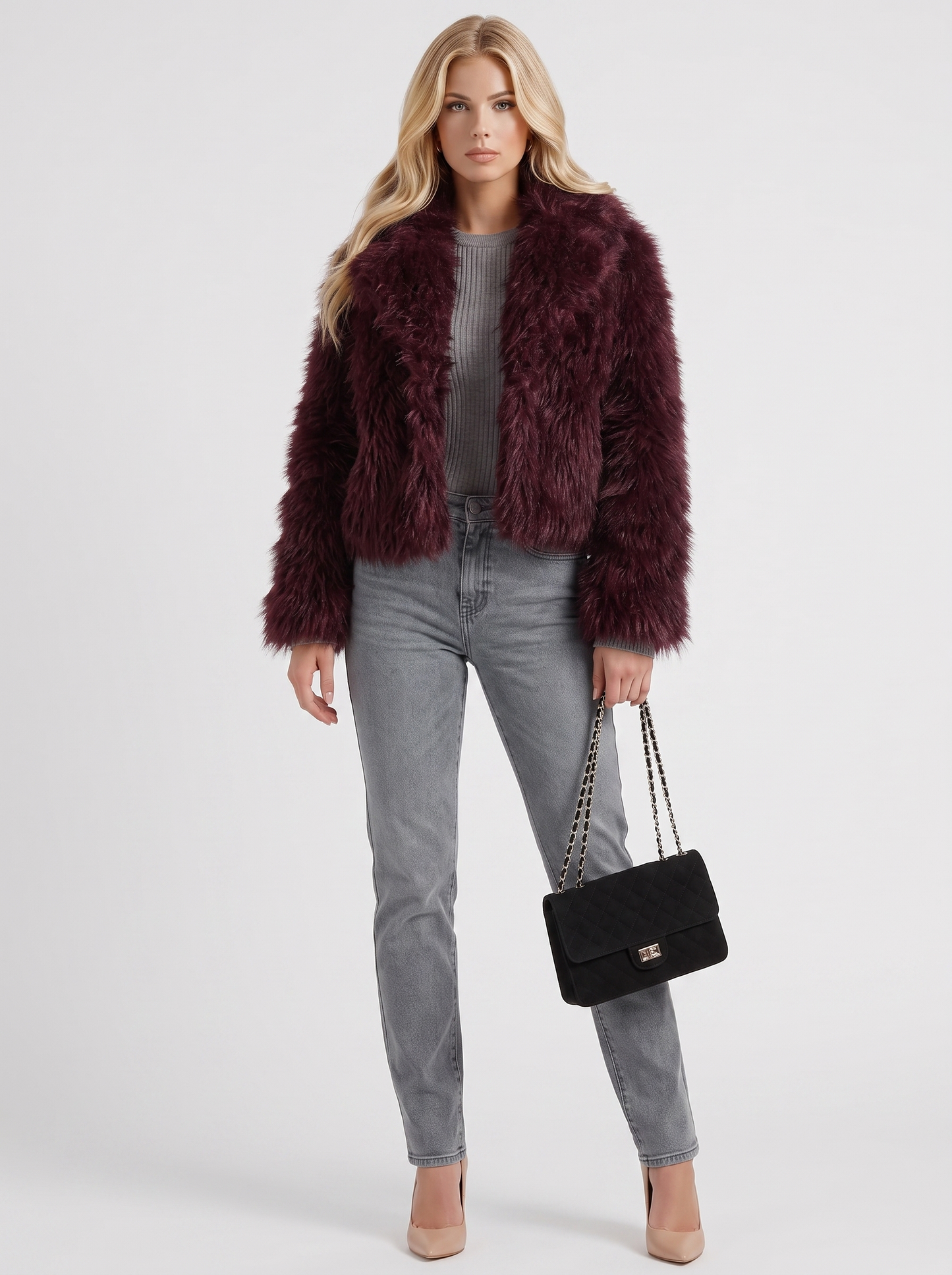 Women's brown shaggy jacket with long pile texture and hip length hem