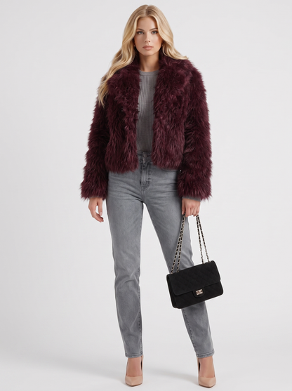 Women's brown shaggy jacket with long pile texture and hip length hem