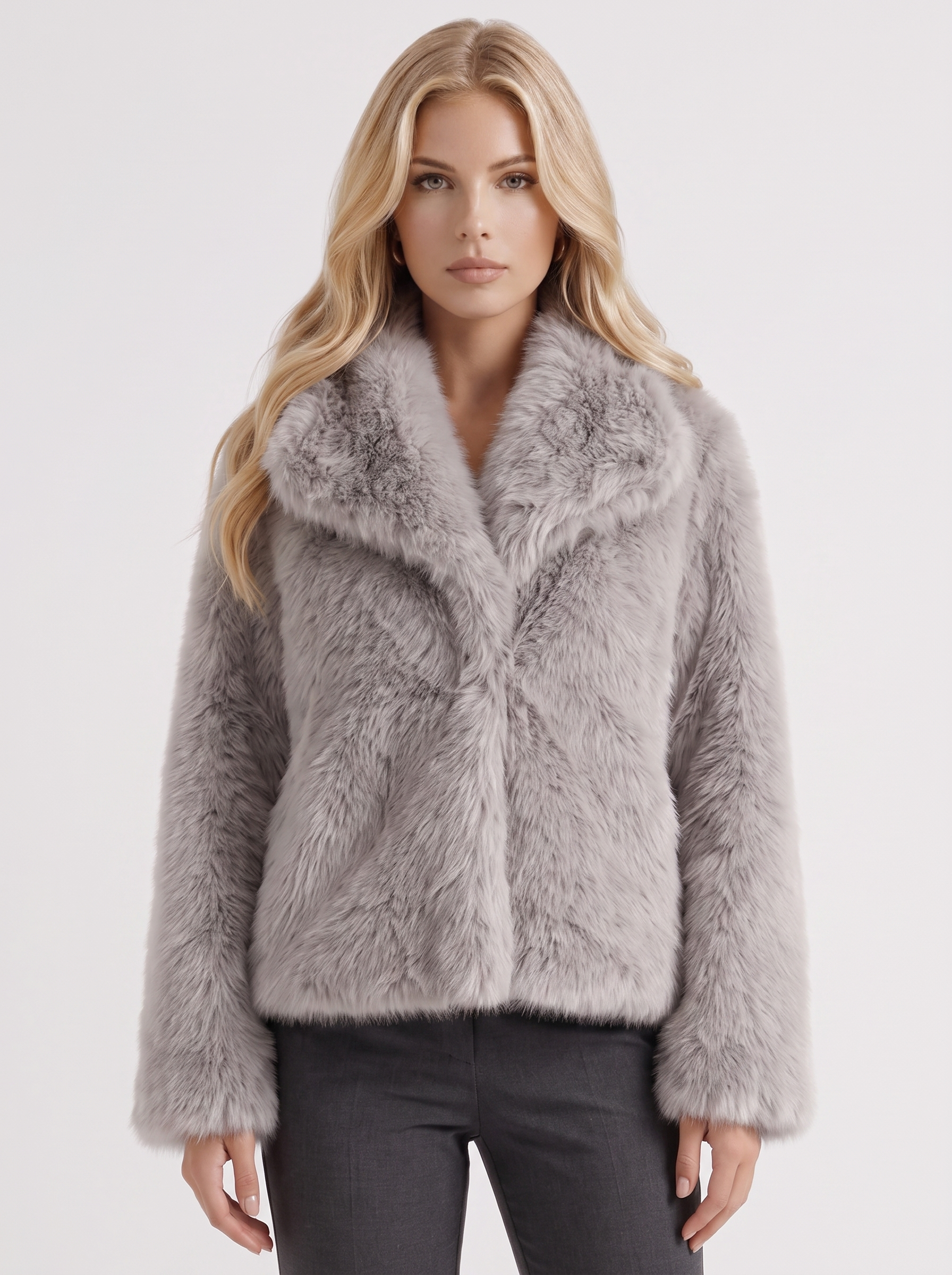 Women's light gray shaggy jacket with long pile texture and hip length hem