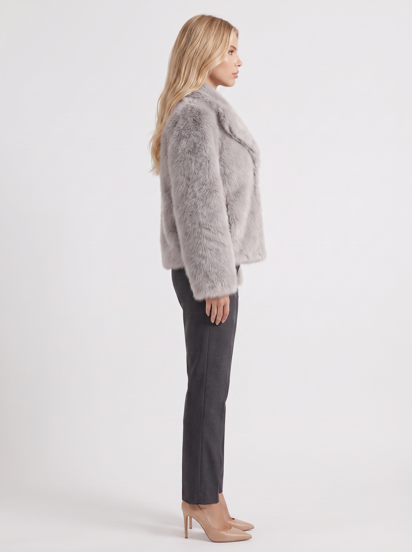 Women's light gray shaggy jacket with long pile texture and hip length hem