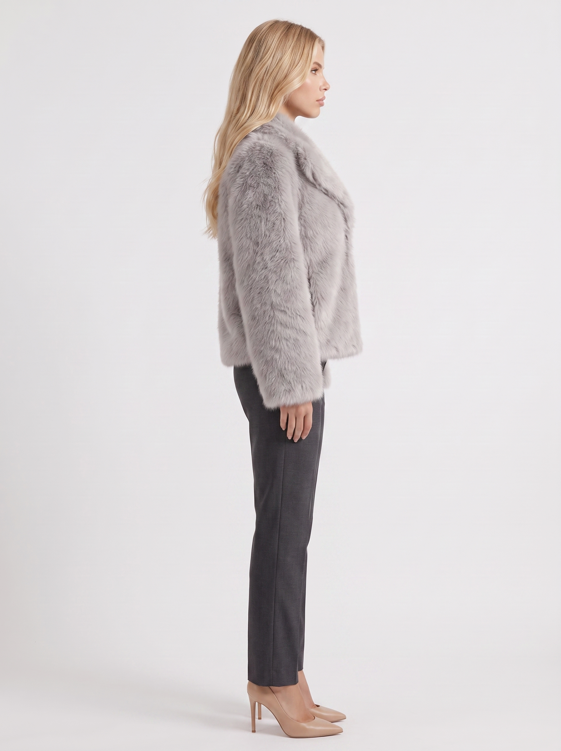 Women's light gray shaggy jacket with long pile texture and hip length hem