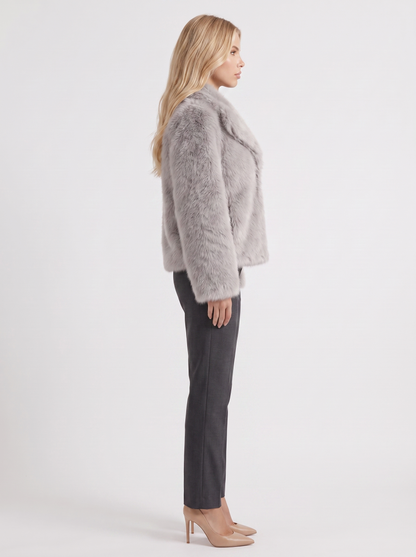 Women's light gray shaggy jacket with long pile texture and hip length hem