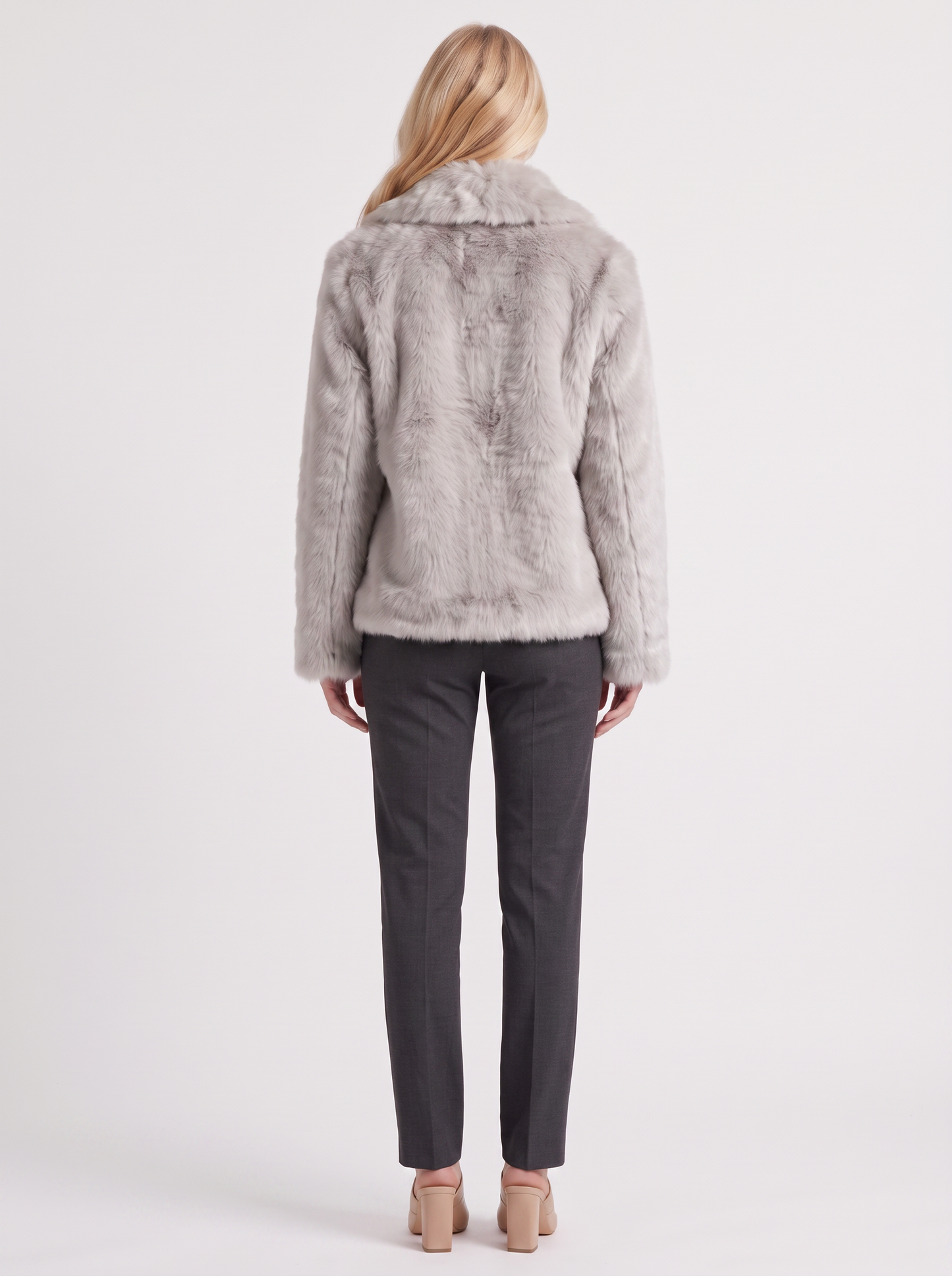 Women's light gray shaggy jacket with long pile texture and hip length hem