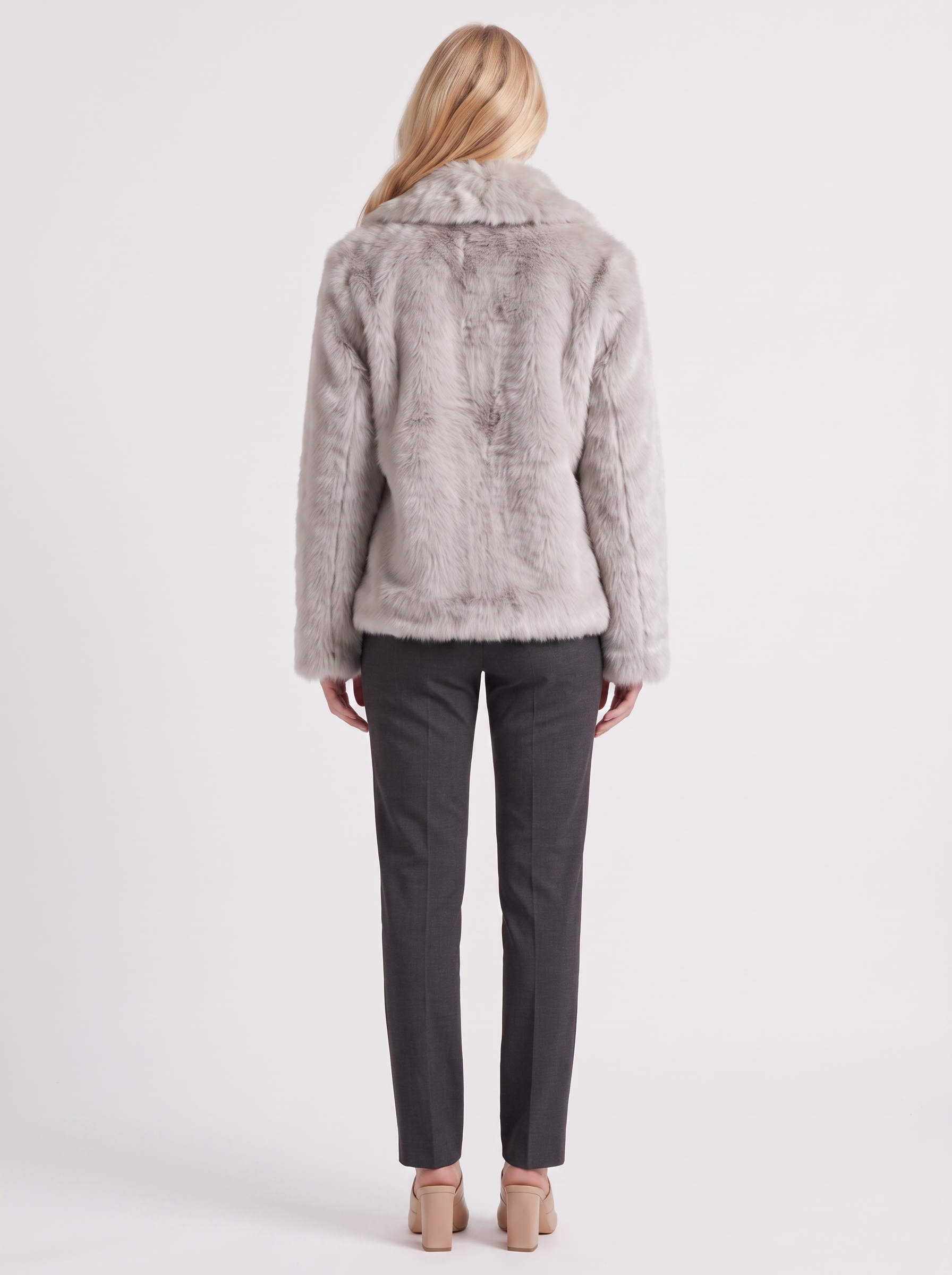 Women's light gray shaggy jacket with long pile texture and hip length hem